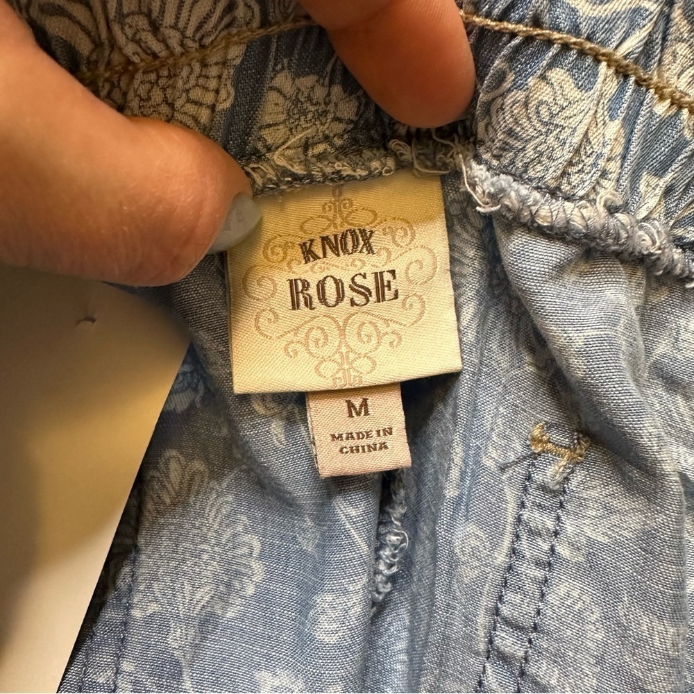 Knox Rose Blue Floral High Waist Paper Bag Floral Denim Shorts - Picture 3 of 4